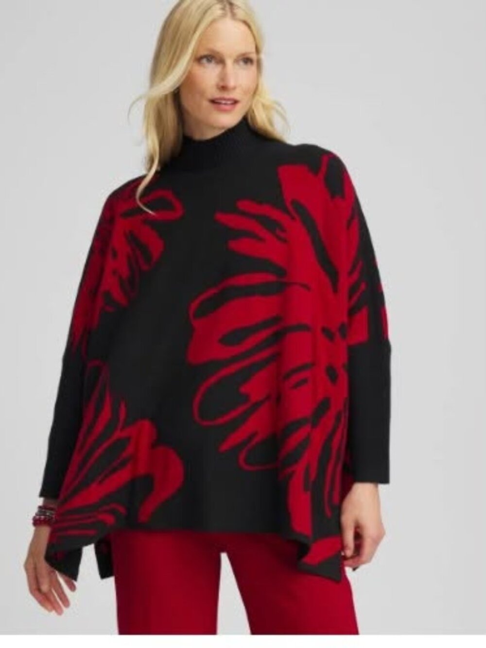 NWT CHICO'S Red Black Floral Poncho Sweater One Size